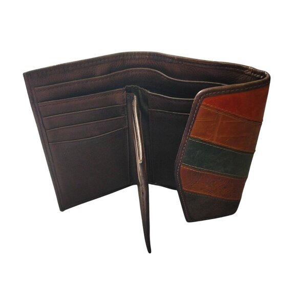 FOSSIL Brown Striped Chevron Embossed Tri-Fold Leather Wallet Snap Flap Vintage - Picture 4 of 6